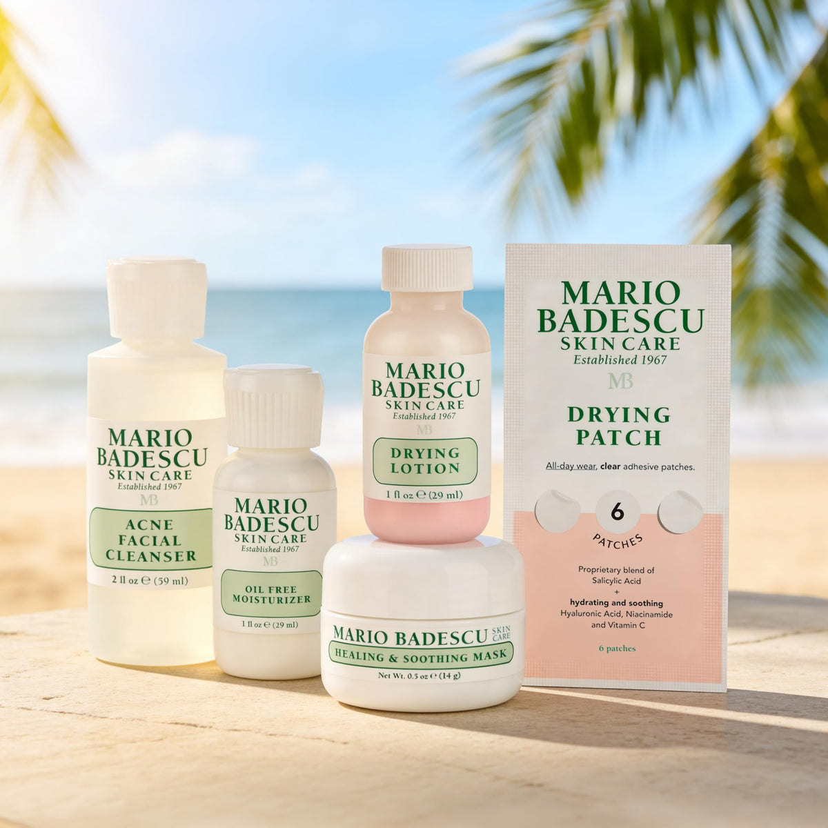 Mario Badescu set next to ruler and hand illustrating travel-size scale