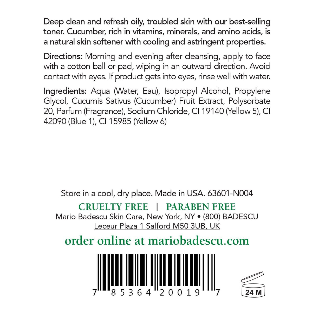 Mario Badescu label close-up highlighting ingredients and calming cucumber benefit