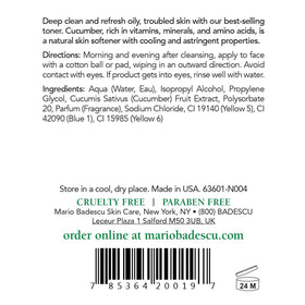 Mario Badescu label close-up highlighting ingredients and calming cucumber benefit