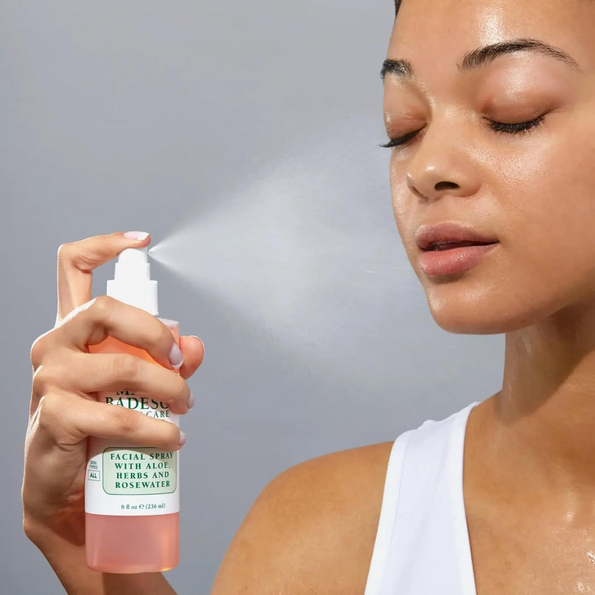 Mario Badescu spray nozzle closeup demonstrating ultra-fine mist for even coverage