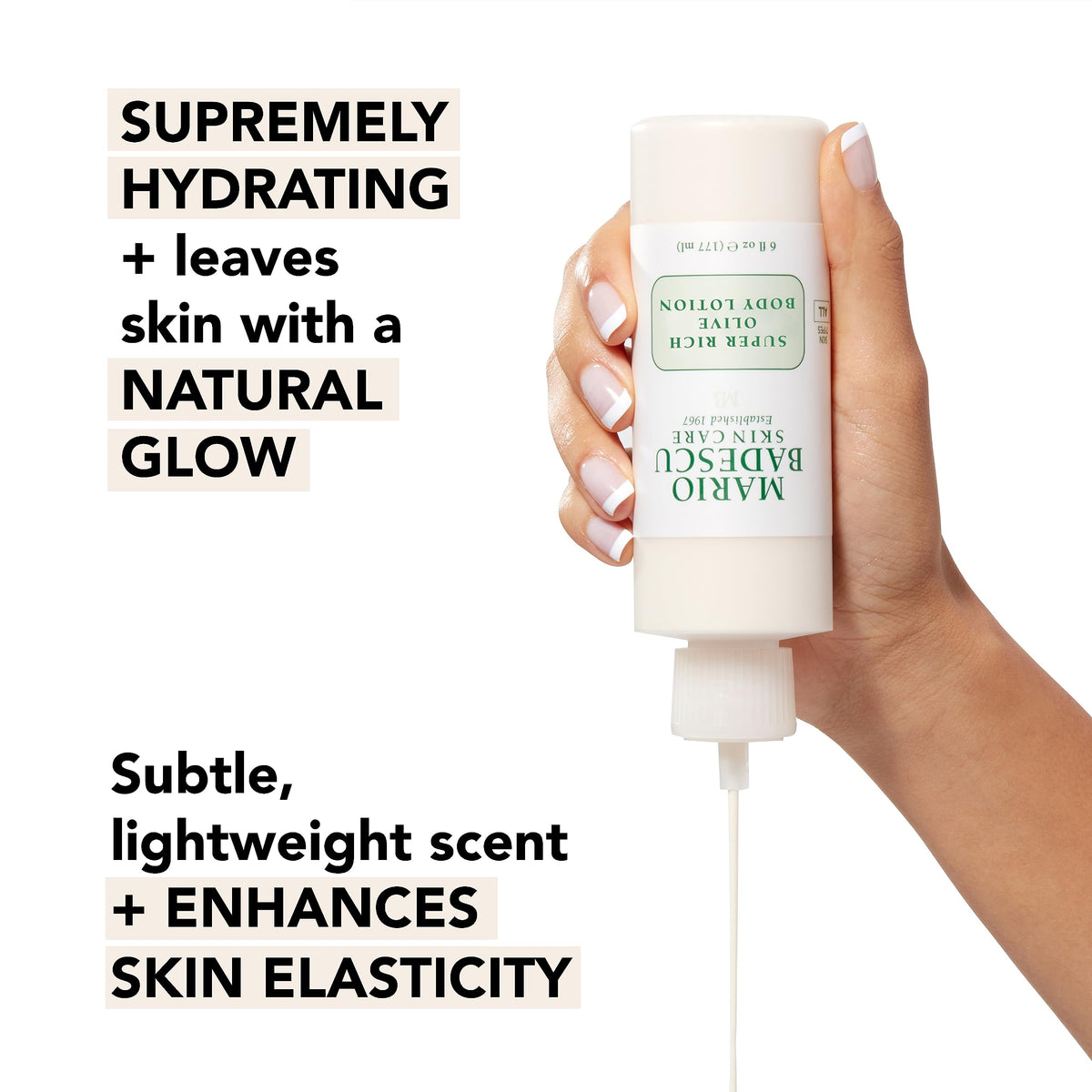 Mario Badescu creamy lotion texture close-up, showing smoothness and quick absorption benefit