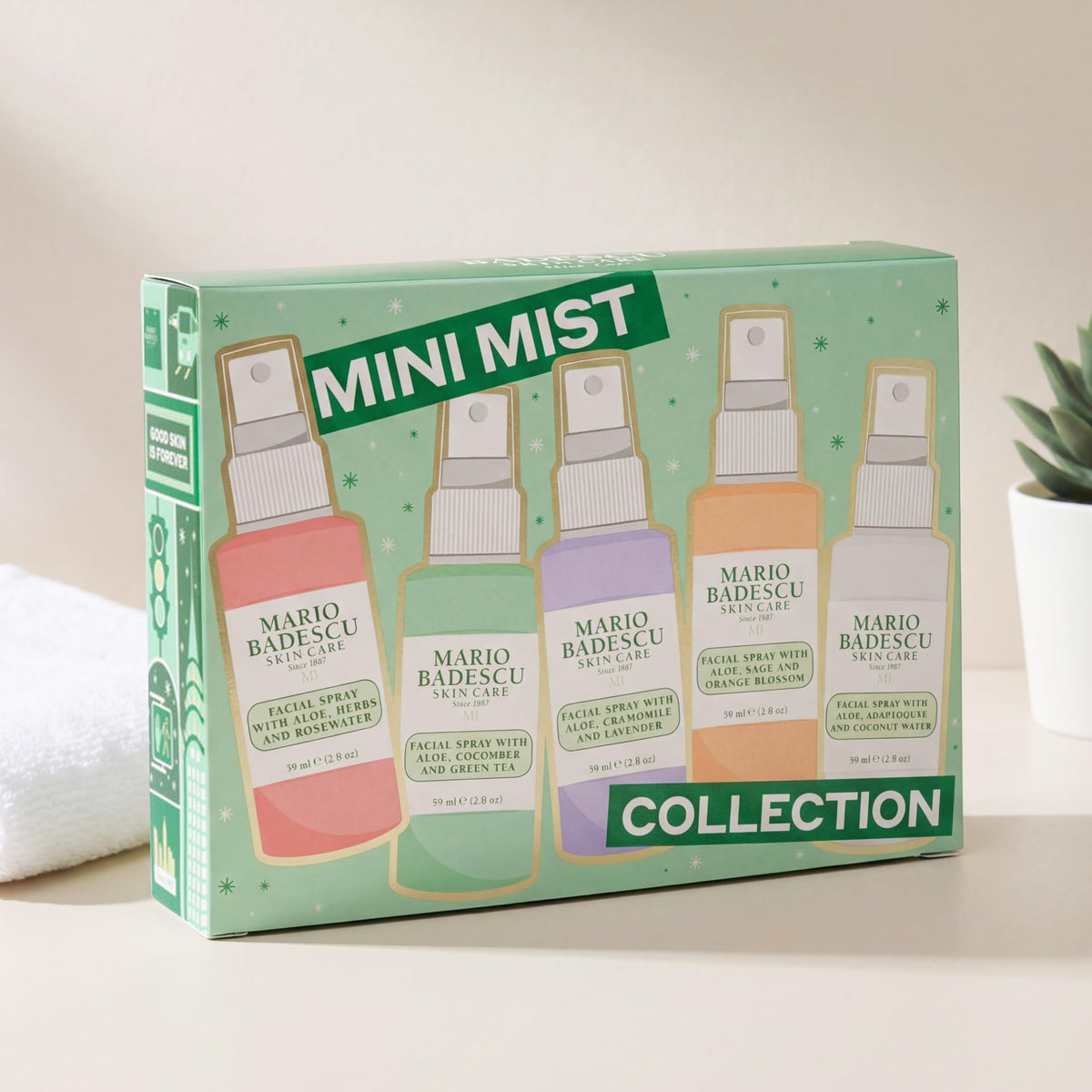 Mario Badescu travel bag with mini mists, on-the-go hydration solution