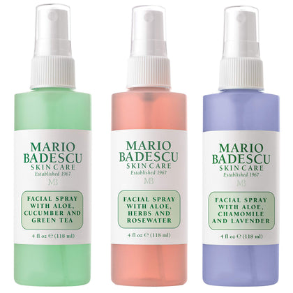 Mario Badescu trio front packaging showing all three mists and benefits