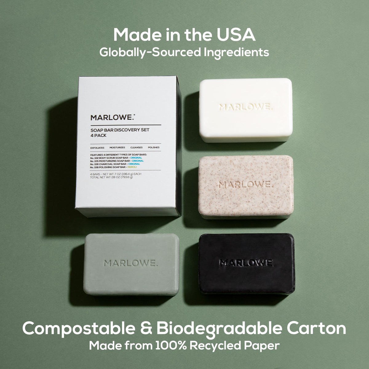 MARLOWE. 7oz bar in hand size comparison showing large, long-lasting bar