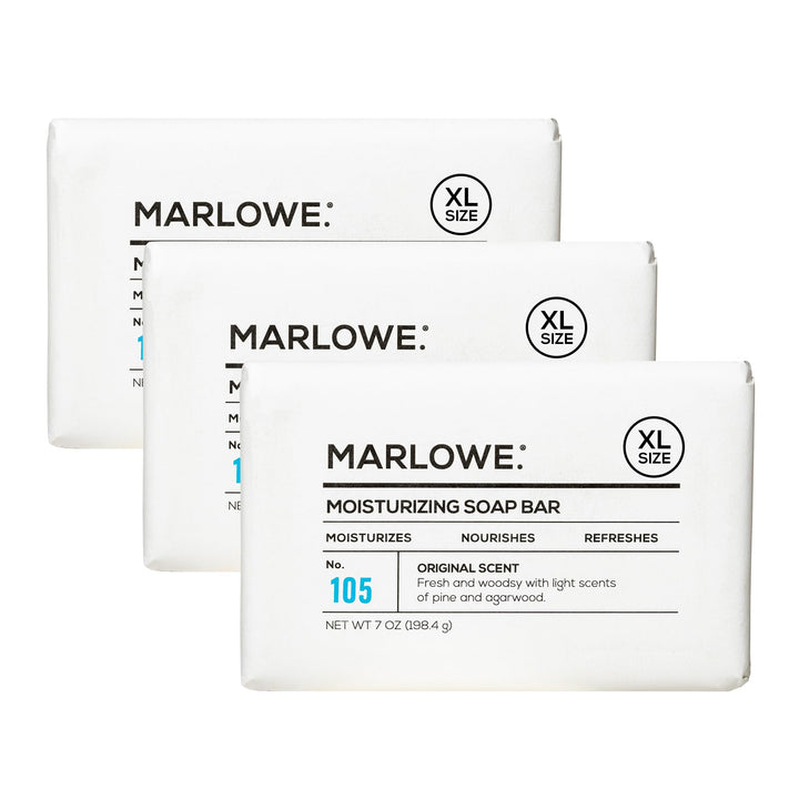 MARLOWE. front packaging showing three 7 oz bars, highlights long-lasting value