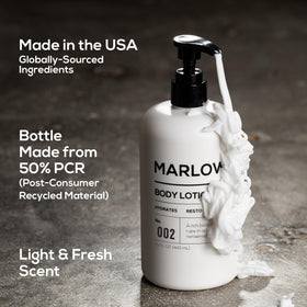 MARLOWE. label detail highlighting clean ingredients and vegan benefit