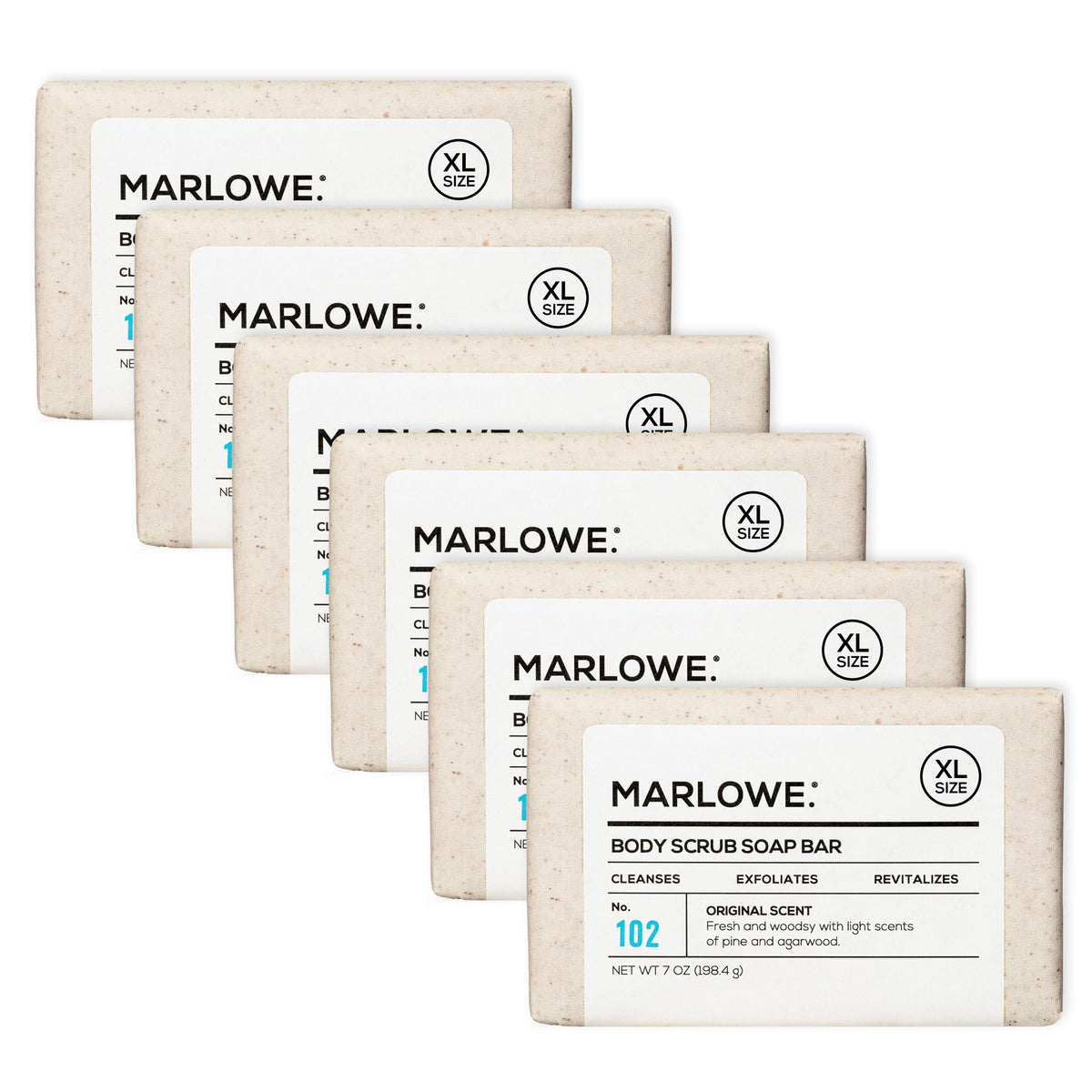 MARLOWE. front packaging of No. 102 scrub bar showing clean presentation and benefits
