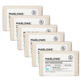 MARLOWE. front packaging of No. 102 scrub bar showing clean presentation and benefits