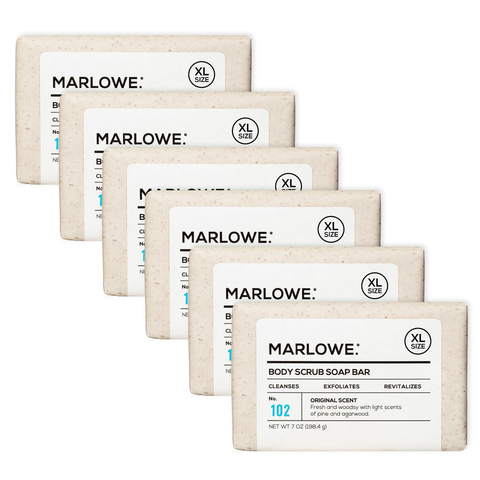 MARLOWE. front packaging of No. 102 scrub bar showing clean presentation and benefits