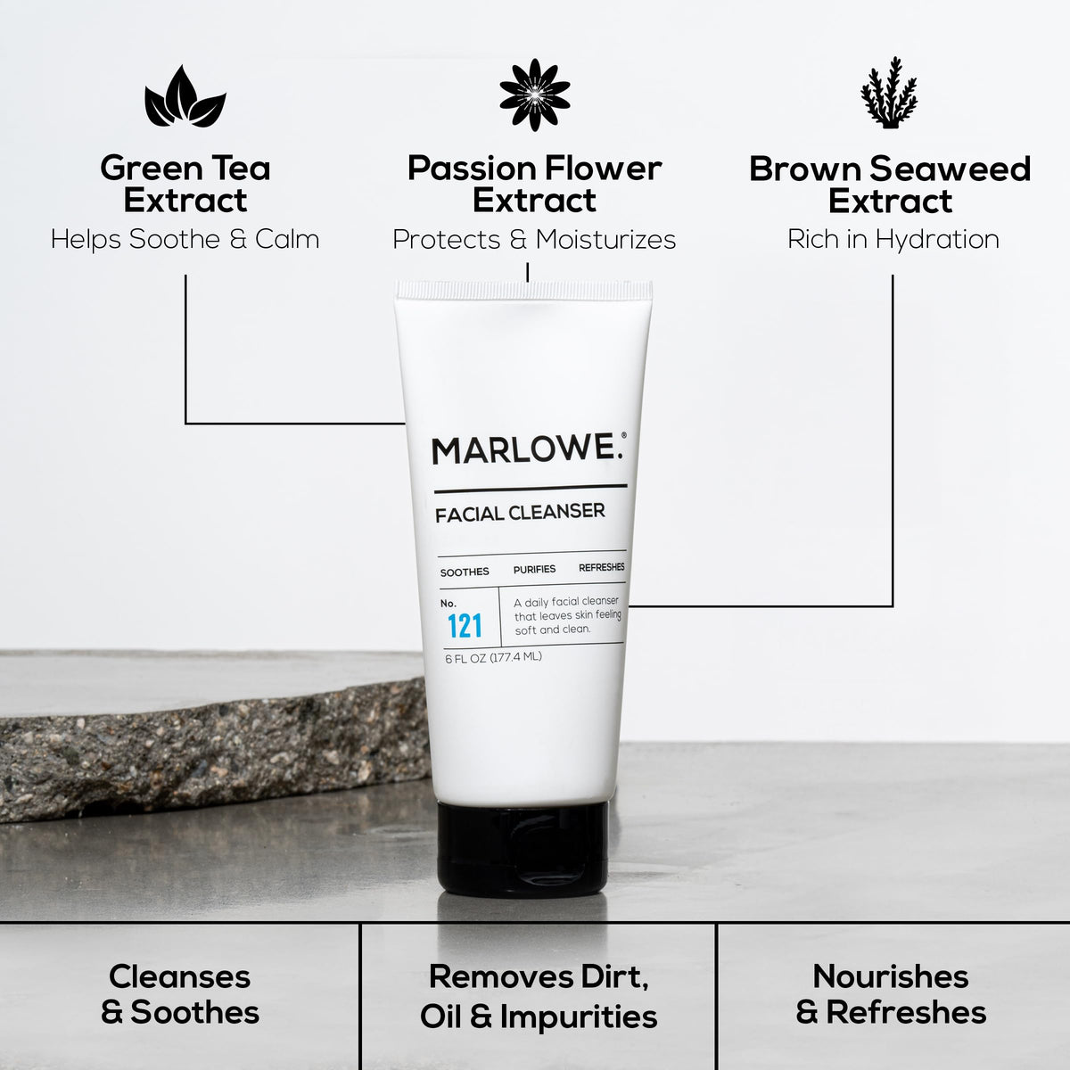 MARLOWE. cleanser in hand demonstrating size and easy dispensing