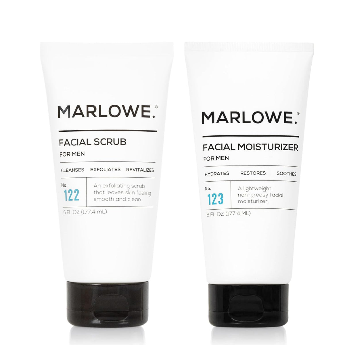 MARLOWE. front packaging of scrub and moisturizer shows clean design and grooming convenience