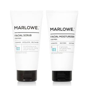 MARLOWE. front packaging of scrub and moisturizer shows clean design and grooming convenience