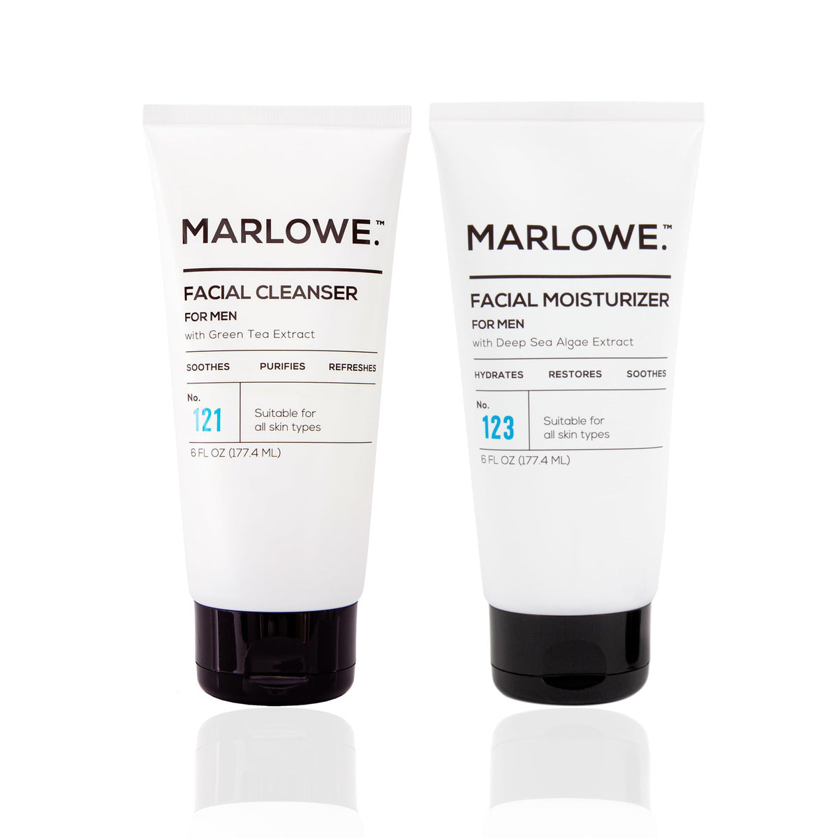 MARLOWE. front packaging of cleanser and moisturizer showing clean design and ease