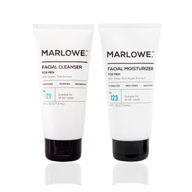 MARLOWE. front packaging of cleanser and moisturizer showing clean design and ease
