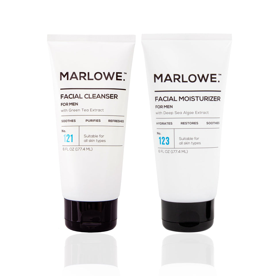 MARLOWE. front packaging of cleanser and moisturizer showing clean design and ease
