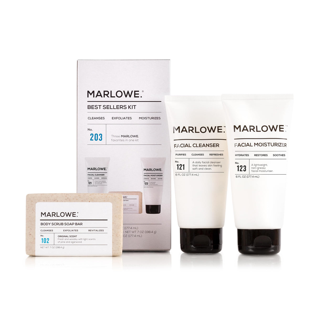 MARLOWE. kit front packaging showing all three products and clean design benefits simplicity