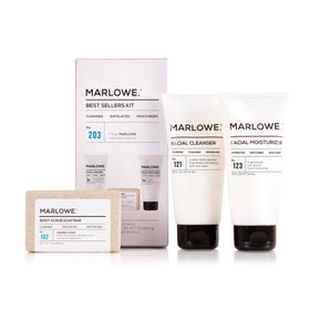 MARLOWE. kit front packaging showing all three products and clean design benefits simplicity