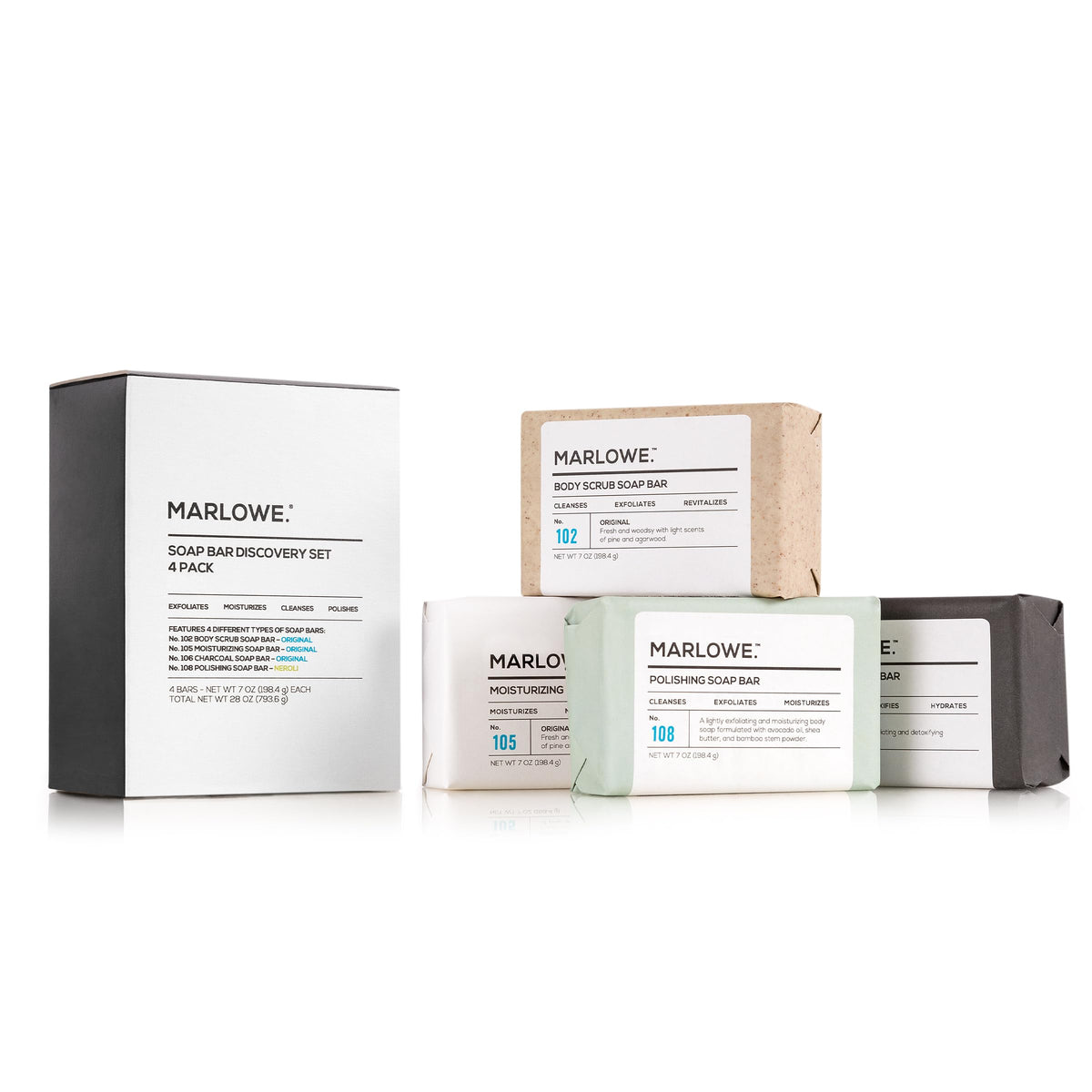 MARLOWE. front packaging showing four-bar discovery set and gift-ready box