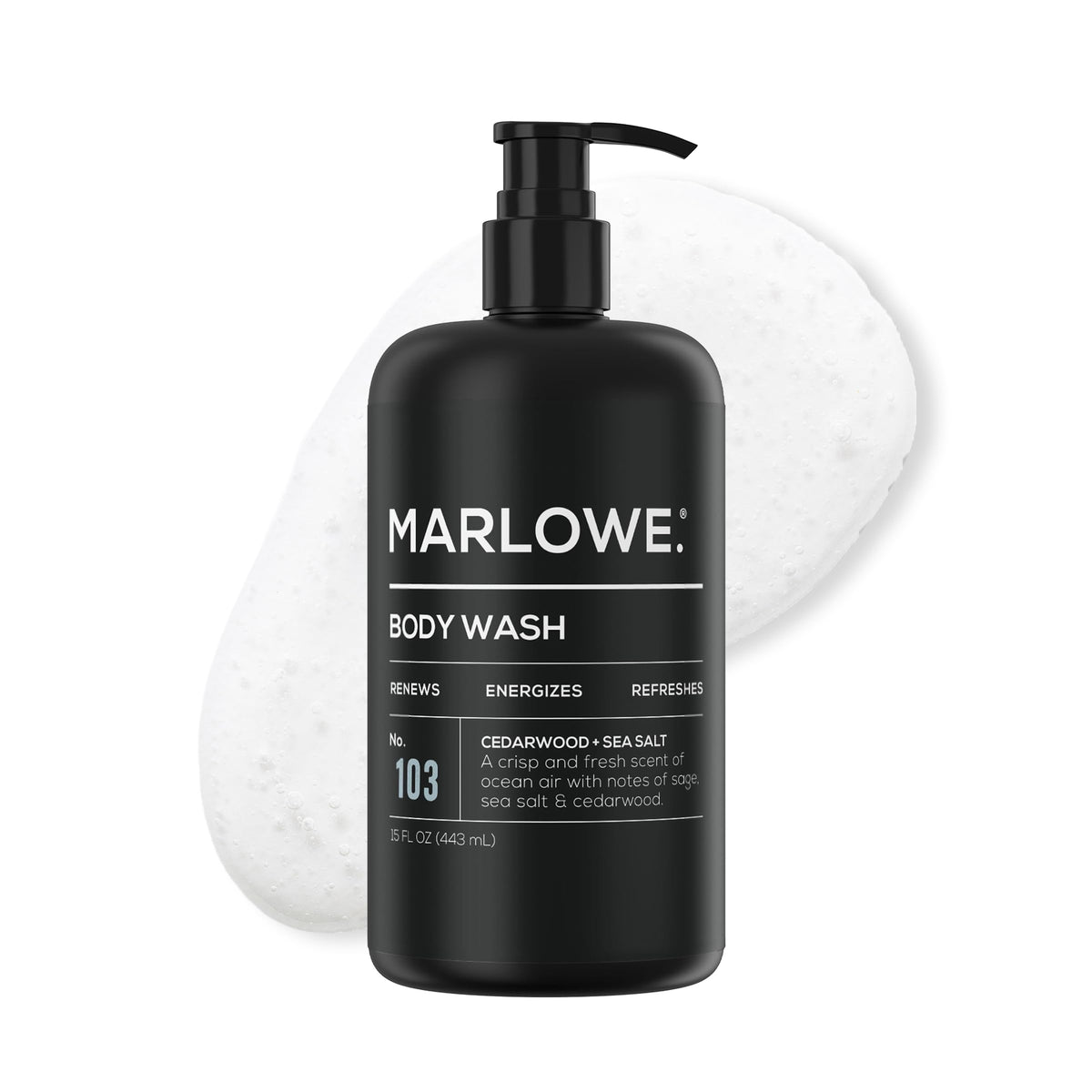 MARLOWE. front pump bottle showing label and pump for quick dispensing