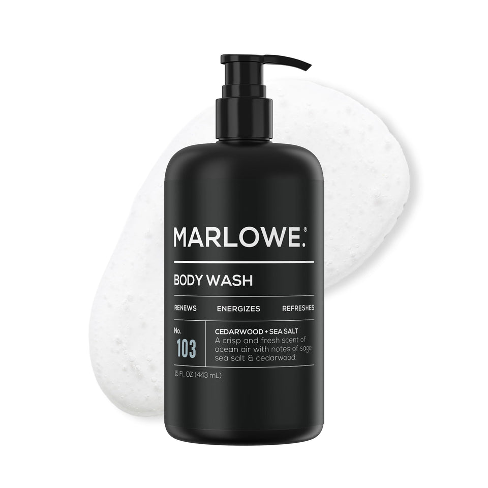 MARLOWE. front pump bottle showing label and pump for quick dispensing