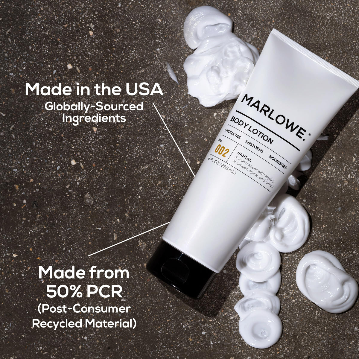 MARLOWE. label detail with ingredient highlights for clean formula
