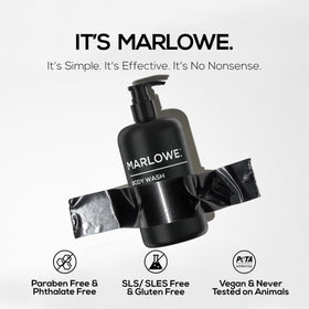 MARLOWE. bottle on bathroom shelf conveying elevated grooming aesthetic