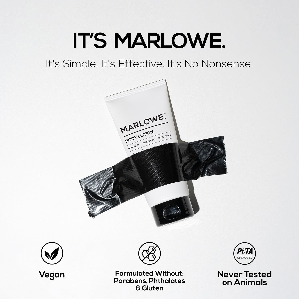 MARLOWE. hands applying lotion demonstrating quick non-greasy finish