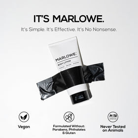 MARLOWE. hands applying lotion demonstrating quick non-greasy finish