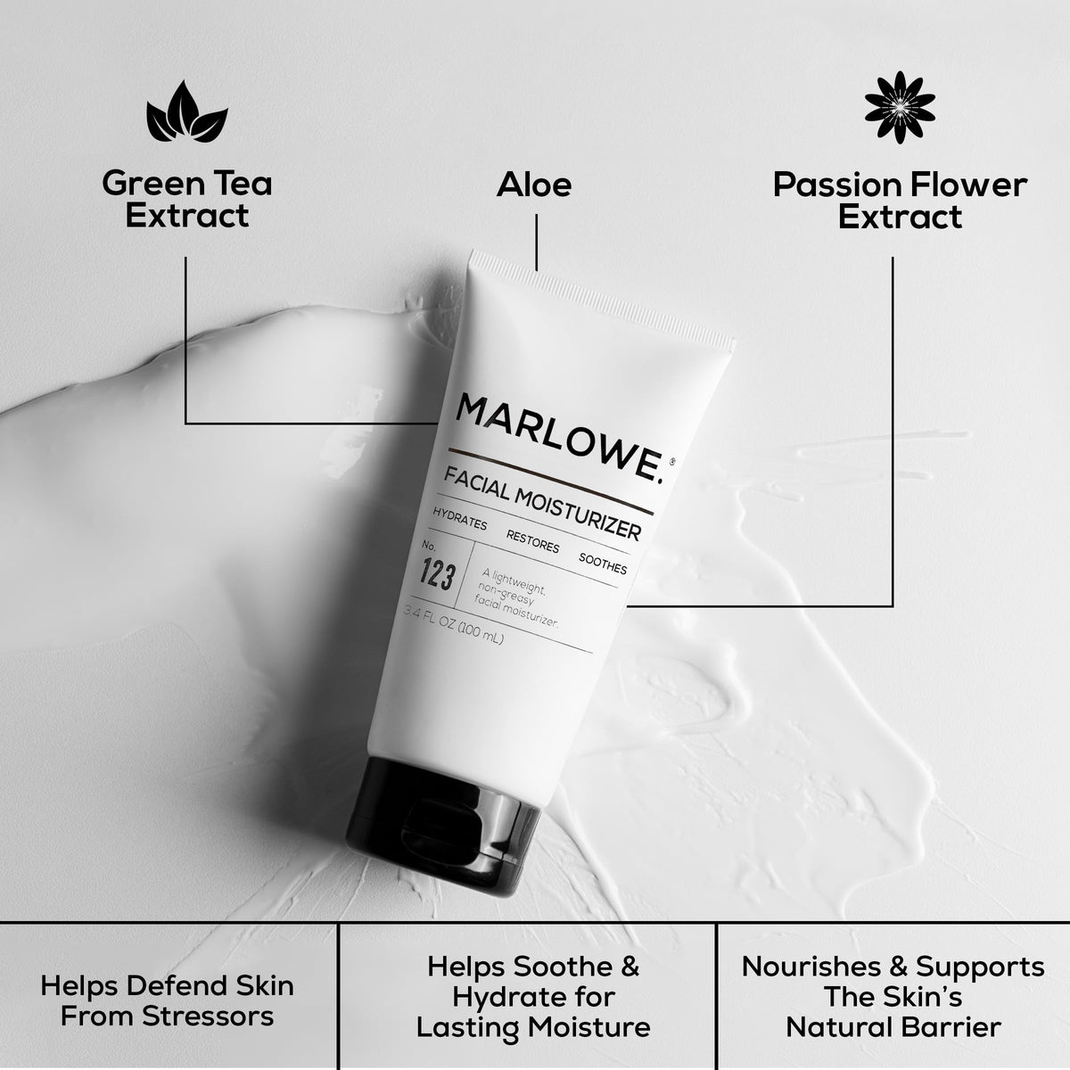 MARLOWE. label and cap detail highlighting ingredient clarity benefit
