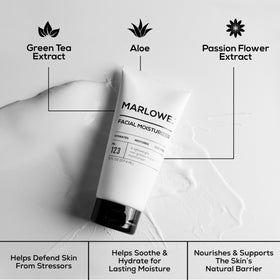 MARLOWE. moisturizer pump detail demonstrating quick-absorb formula and non-greasy finish benefit