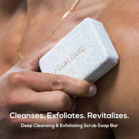 MARLOWE. close-up of exfoliant texture with pumice and apricot seed powder for effective buffing