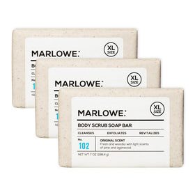 MARLOWE. front packaging showing three 7 oz bars and scent label benefits