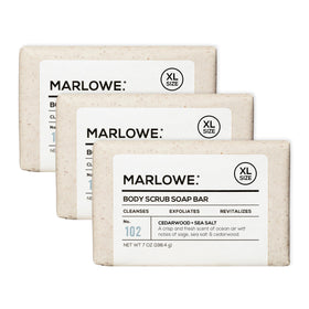 MARLOWE. front packaging showing three scrub bars and branding for long-lasting use