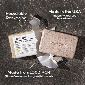 MARLOWE. No. 102 label zoom showing scent notes and ingredient transparency