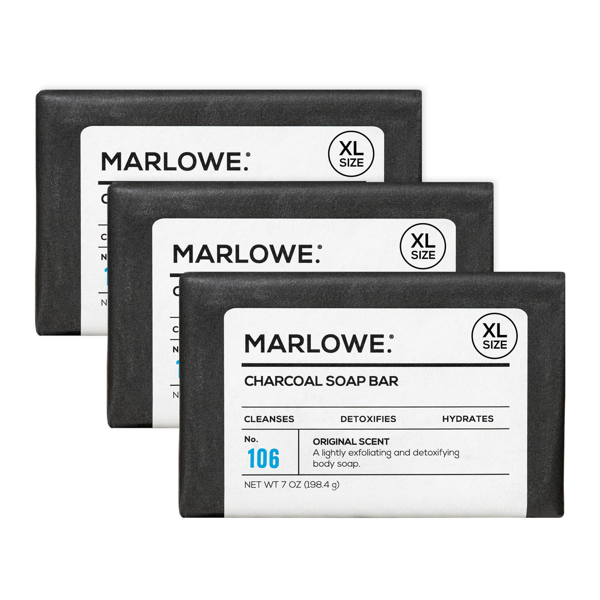 MARLOWE. charcoal soap front packaging shows brand and scent, highlights long-lasting bar