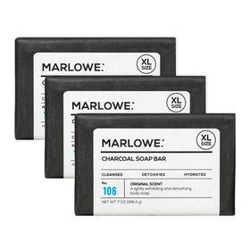 MARLOWE. charcoal soap front packaging shows brand and scent, highlights long-lasting bar
