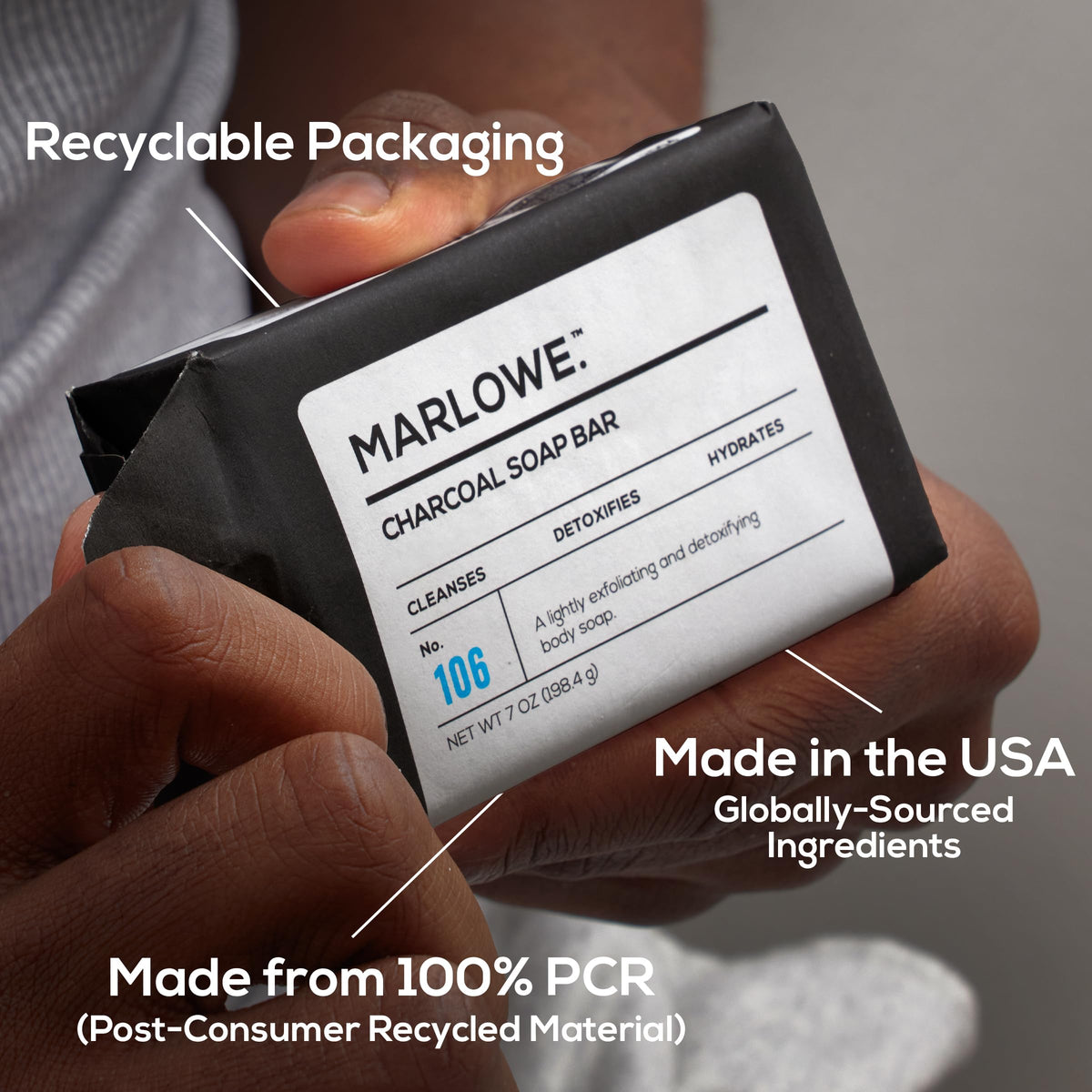 MARLOWE. size comparison in hand indicating 7 oz durable, long-lasting bar