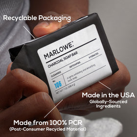 MARLOWE. size comparison in hand indicating 7 oz durable, long-lasting bar