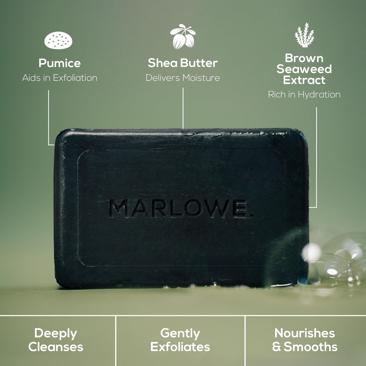 MARLOWE. soap in shower lifestyle image illustrating easy daily use and fresh scent