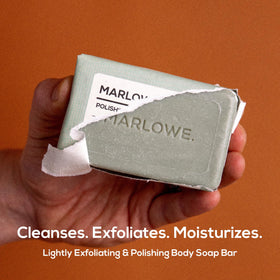 MARLOWE. close-up texture of bar surface, shows gentle exfoliation benefit