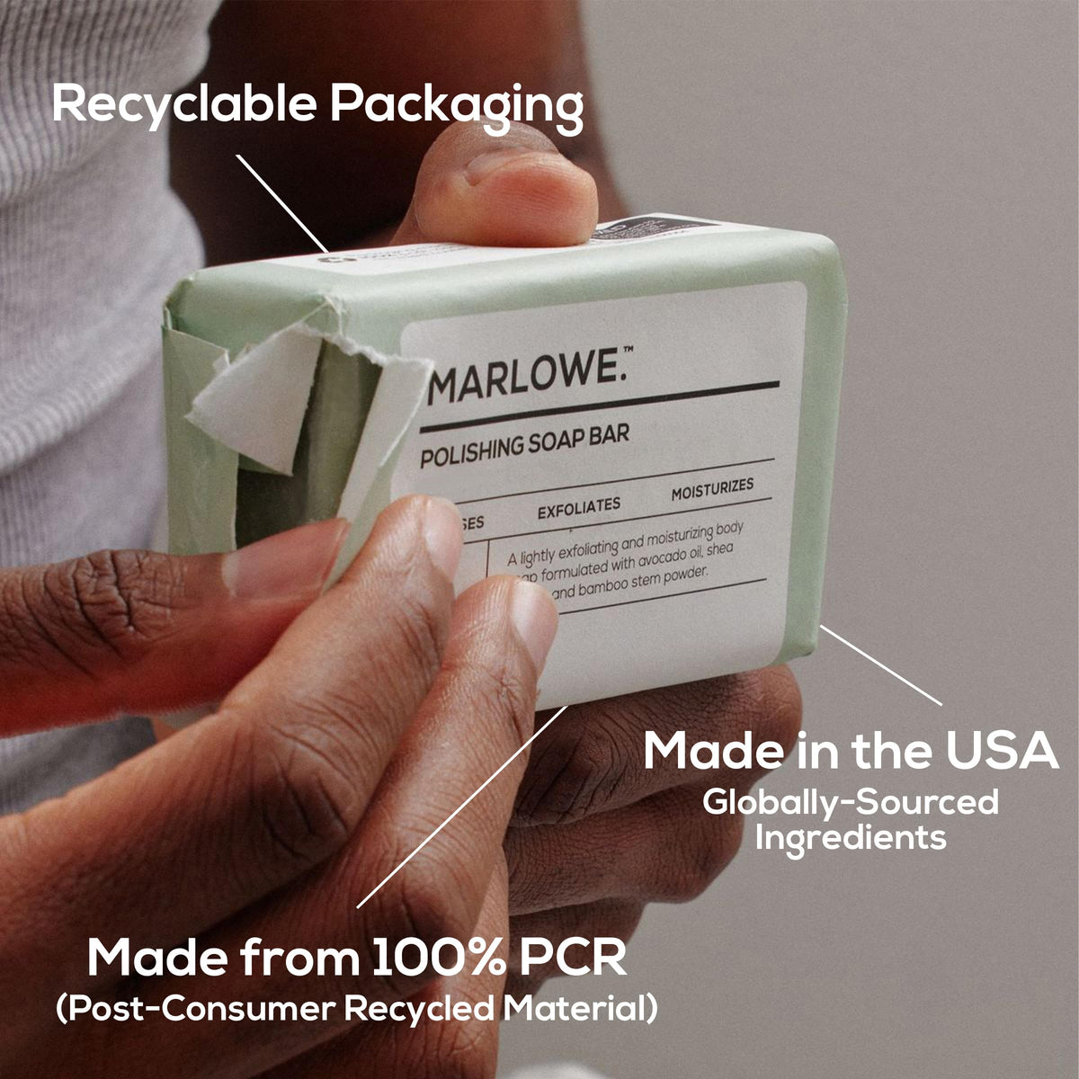 MARLOWE. recycled wrapper packaging detail, eco-friendly packaging benefit