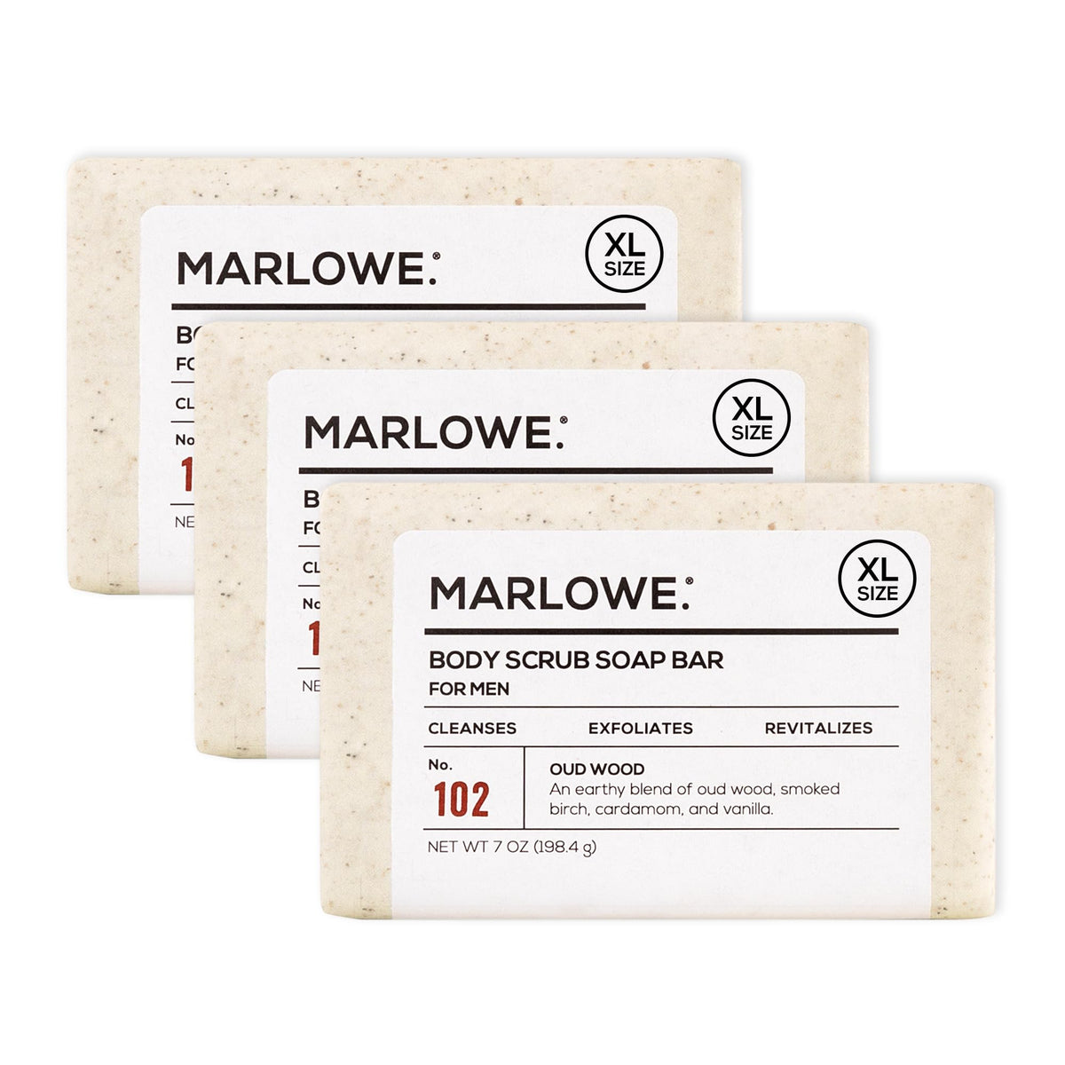 MARLOWE. front packaging showing oud wood scent and 3-bar bundle benefit