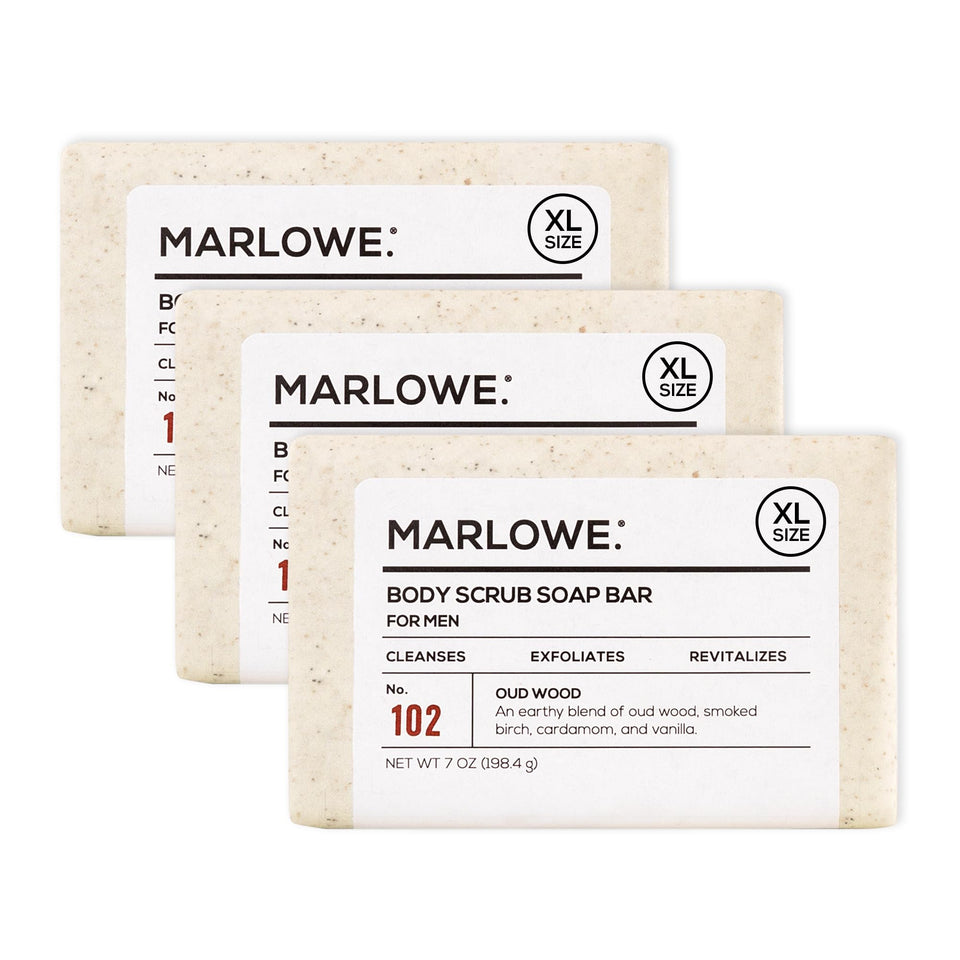MARLOWE. front packaging showing oud wood scent and 3-bar bundle benefit