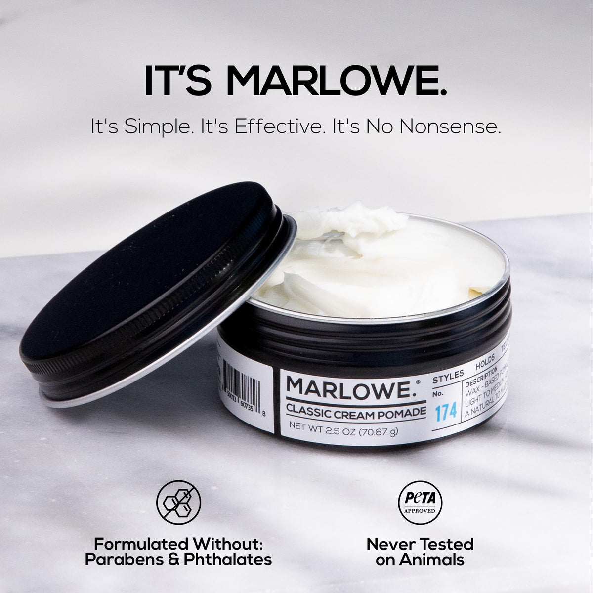 MARLOWE. pomade on hand being applied to hair showing ease of styling benefit