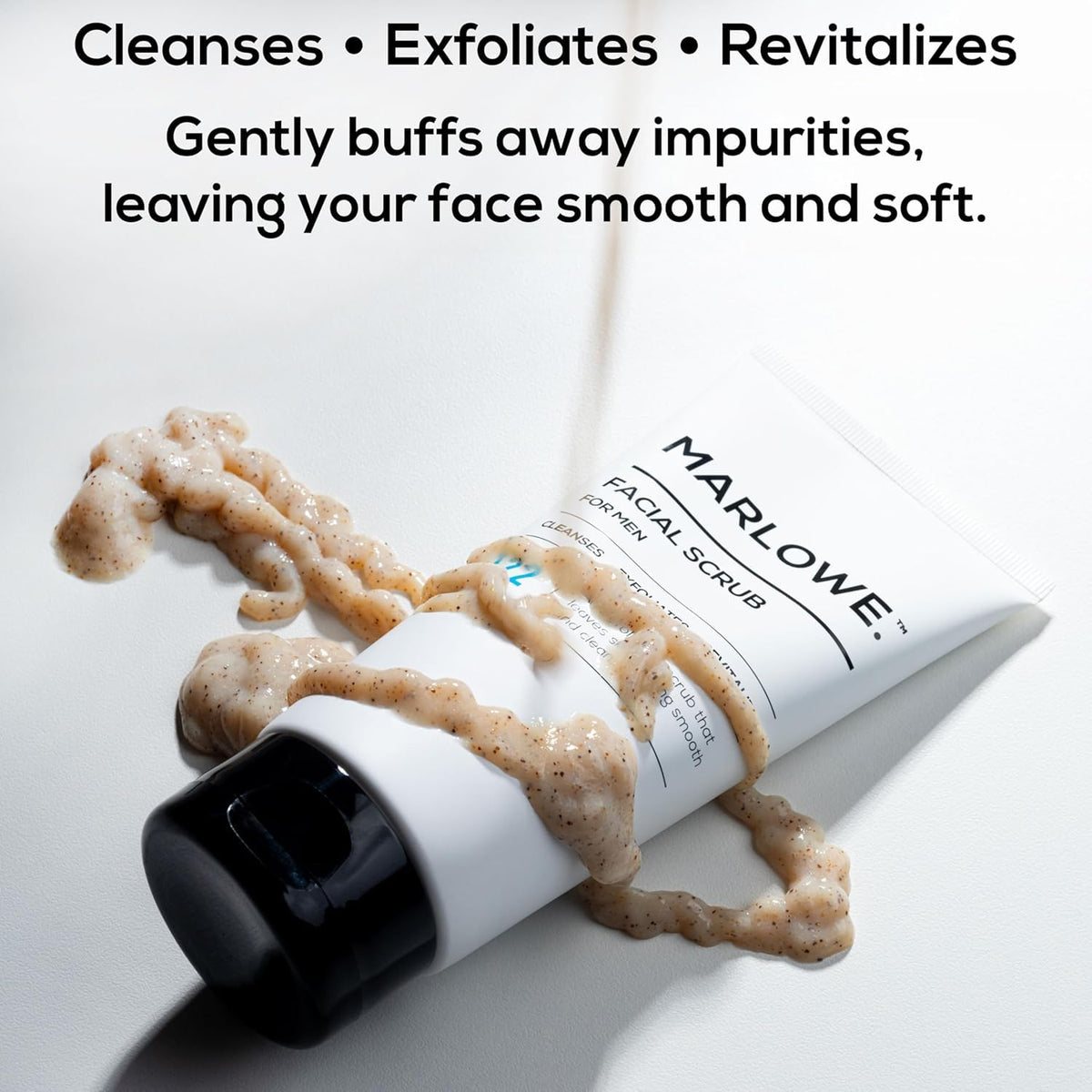 MARLOWE. scrub applied in hand demonstrating gentle exfoliation and easy use