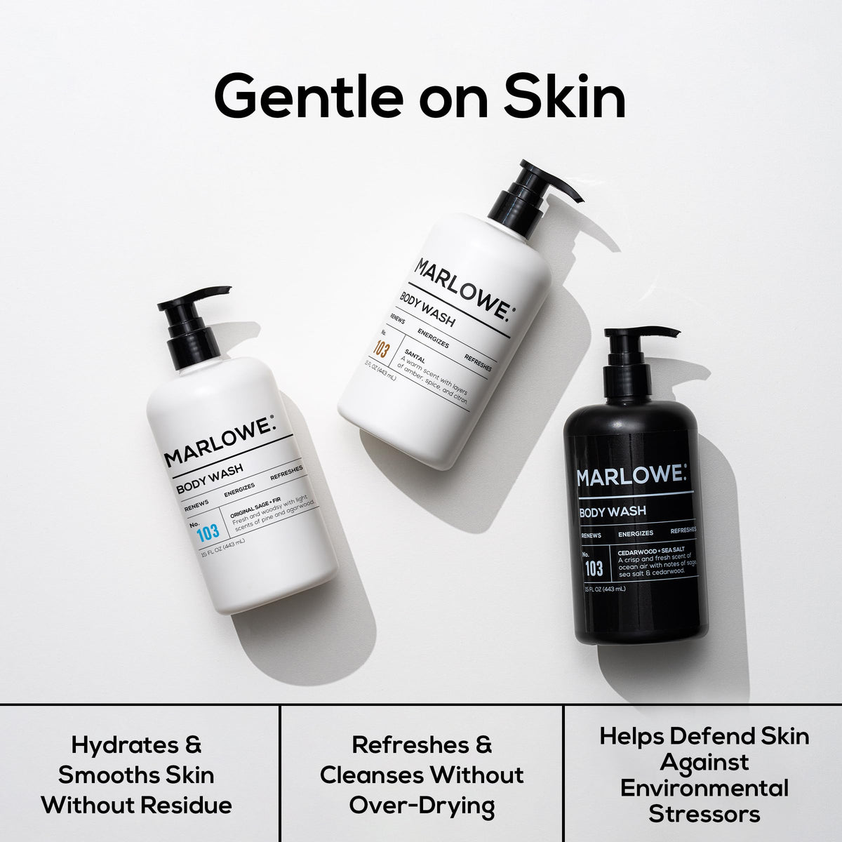 MARLOWE. bottle on shower shelf styled for a tidy grooming routine