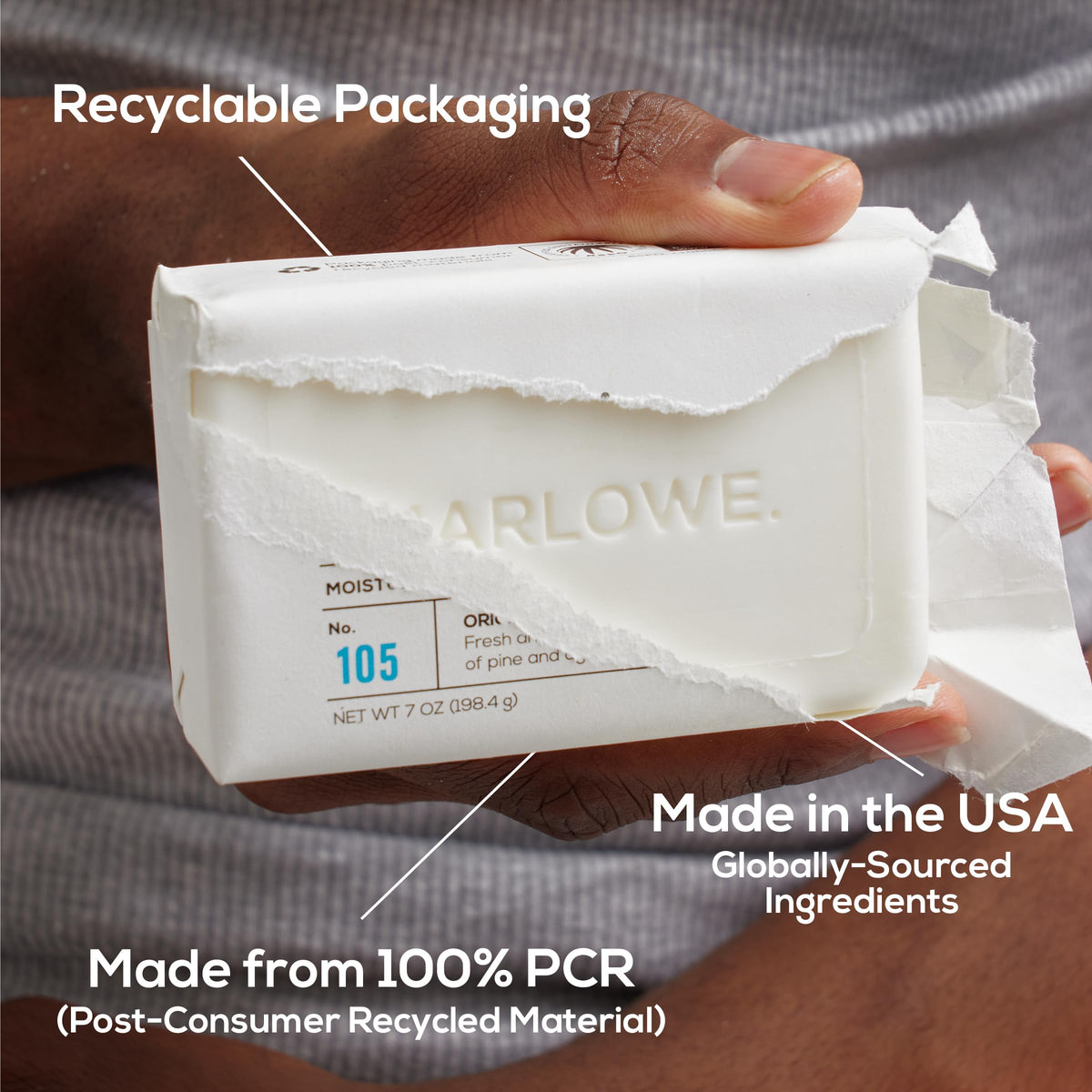 MARLOWE. wrapper material detail emphasizing 100% post-consumer recycled packaging