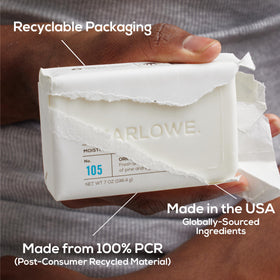 MARLOWE. wrapper material detail emphasizing 100% post-consumer recycled packaging
