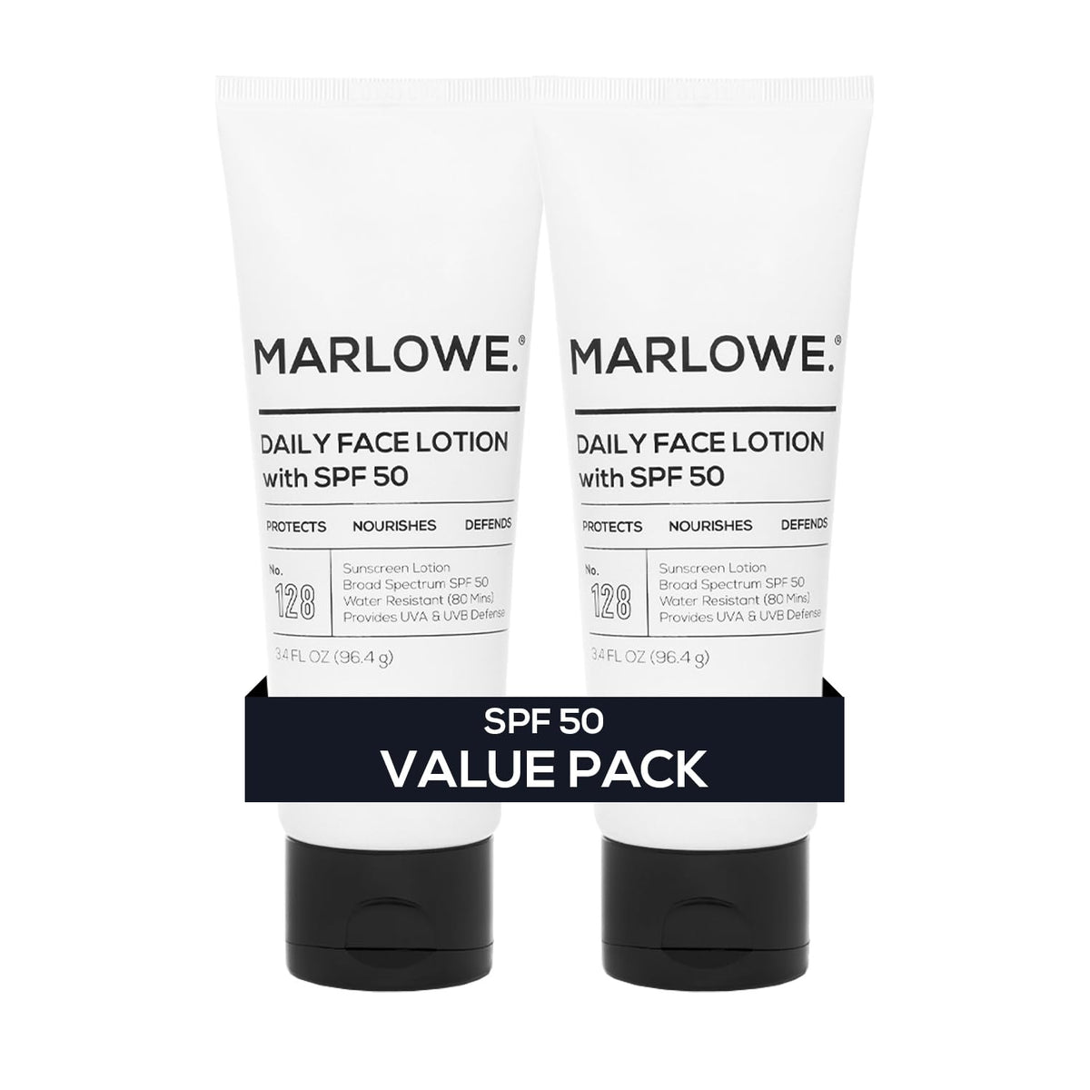 MARLOWE. front packaging showing SPF 50 and two 3.4 oz tubes for convenience
