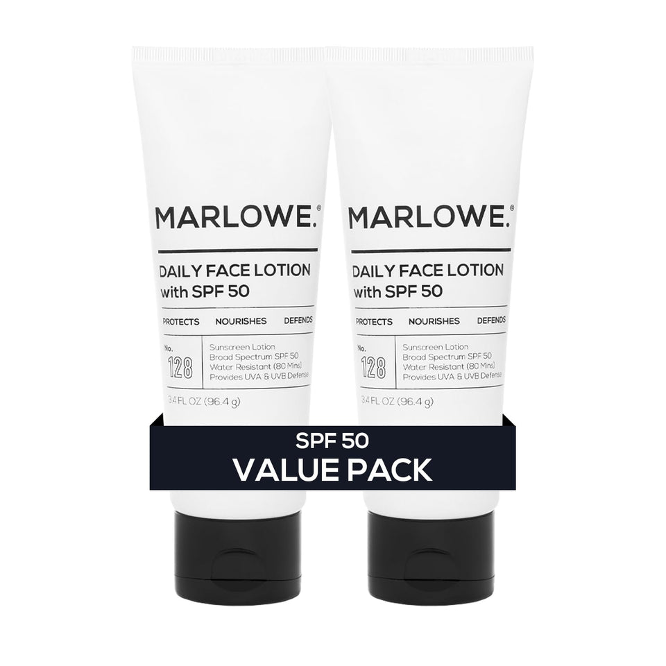 MARLOWE. front packaging showing SPF 50 and two 3.4 oz tubes for convenience